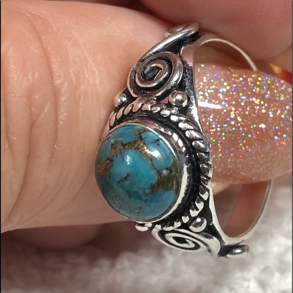 💍💕Blue turquoise with copper veining sterling ring-stamped 925 -8 - Picture 2 of 9